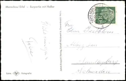 Ansichtskarte Monschau/Eifel Montjoie Ortsansicht, Rurpartie mit Haller 1956