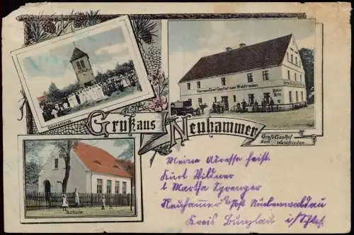 Postcard Neuhammer Lk Bunzlau Nowa Kuźnice Gasthof, Schule, Kirche 1911