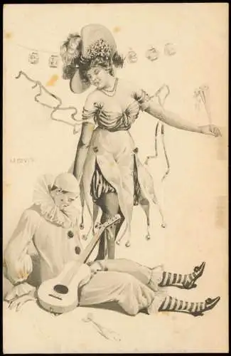 Karneval / Fastnacht / Fasching Künstlerkarte Frau und Clown mit Gitarre 1912