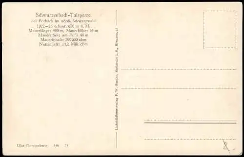 Forbach (Baden) Schwarzenbach-Talsperre bei Forbach im nördl. Schwarzwald 1930