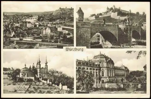 Ansichtskarte Würzburg Mehrbildkarte mit 4 Ortsansichten 1950