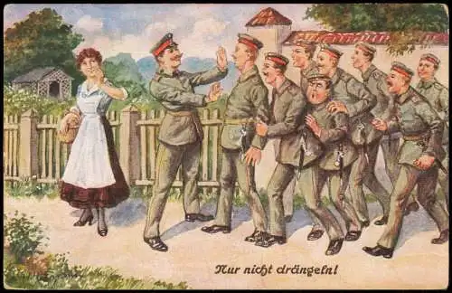 Feldpostkarte 1WK Soldaten drängeln für eine Frau 1917    gel Feldpoststempel