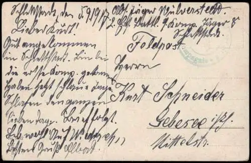 Feldpostkarte 1WK Soldaten drängeln für eine Frau 1917    gel Feldpoststempel