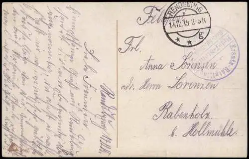 Ansichtskarte Soldat gedenkt an Geliebte 1915  Feldpoststempel nach Rabenholz