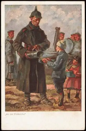 Künstlerkarte Militär "An der Feldküche" Soldat bei Essensausgabe 1918
