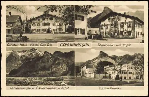 Ansichtskarte Oberammergau 4 Bild Pilatushaus, Hotel alte Post 1950