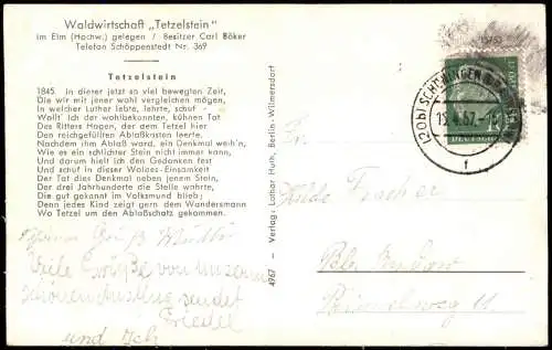 Ansichtskarte Schöppenstedt Waldwirtschaft Tetzelstein im Elm 1957