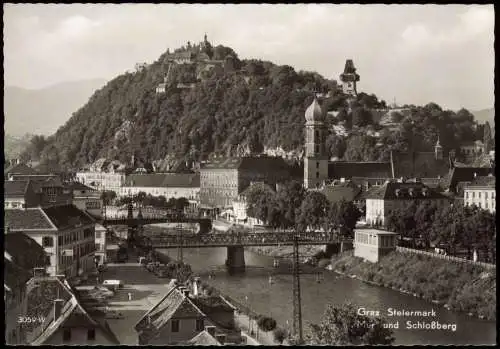 Ansichtskarte Graz Panorama-Ansicht mit Mur und Schloßberg 1960
