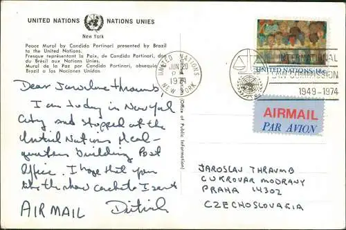 Postcard New York City United Nations Headquarter Wandbild 1974  gel. Airmail