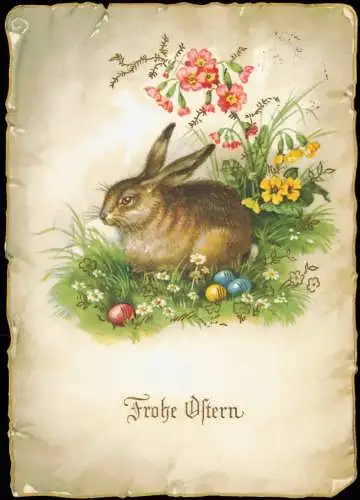 Glückwunsch Ostern (Easter) Osterhase im Nest mit Ostereiern 1957