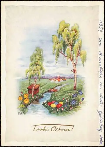 Glückwunsch Ostern (Easter) Ostereier-Nest an Bachlauf mit Landschaft 1959