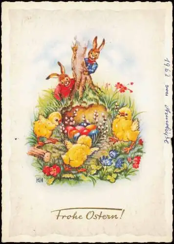 Glückwunsch Ostern (Easter) Osterhase, Küken vor Ostereier-Nest 1962