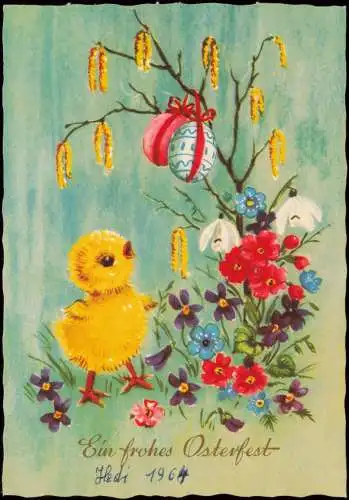 Glückwunsch Ostern (Easter) Küken vor geschmücktem Oster-Strauß 1963