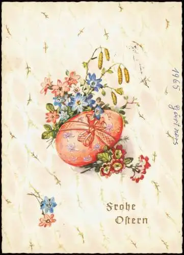 Glückwunsch Ostern (Easter) Blumen Geschmücktes Osterei 1965 Goldrand