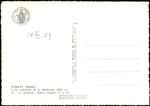 CPA Vézelay Eglise Abbatiale de la Madeleine (XIIe s.) 1959