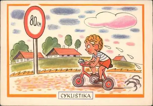 Ansichtskarte  Scherzkarte CYKLISTIKA CSSR Junge mit Fahrrad 1975