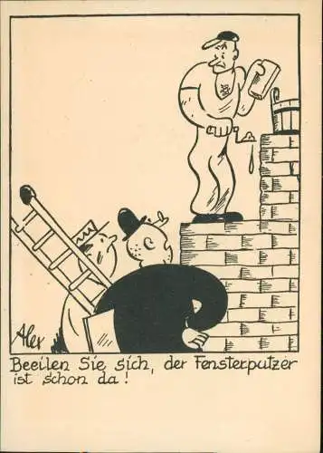 Scherzkarte Bau Arbeiter Beeilen Sie sich, der Fensterputzer 1968