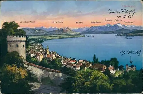 Überlingen Bodensee Panorama, Zensur-/Geprüft-Stempel 1. WK 1917