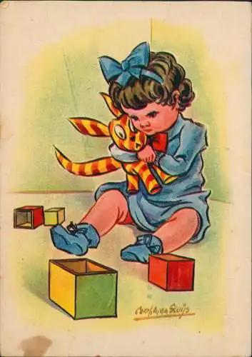 Ansichtskarte  Kinder Künstlerkarte Mädchen beim spielen 1952