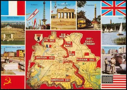 Ansichtskarte Berlin Stadtplan Ansichtskarte die 4 Sektoren 1988