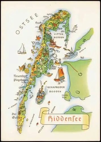 Hiddensee Hiddensjö, Hiddensöe Landkarten Ansichtskarte Ostsee 1970