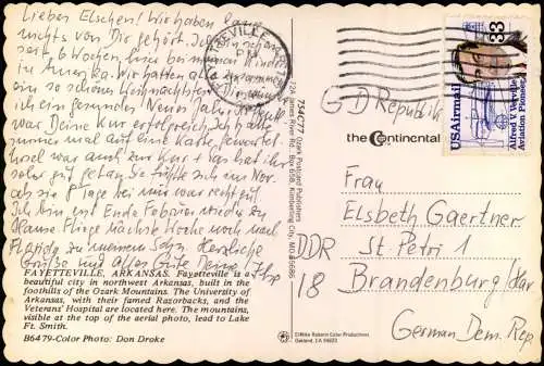 Postcard Fayetteville Arkansas Areal View Luftbild 1986  gel. US Airmail