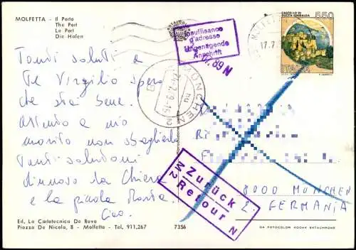 Cartoline Molfetta Il Porto - Hafen 1989  Retour Stempel