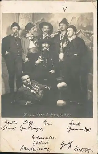 Bayern Gruppenbild Tugendbund Kornblume Männer Tracht 1902 gel. Stempel München