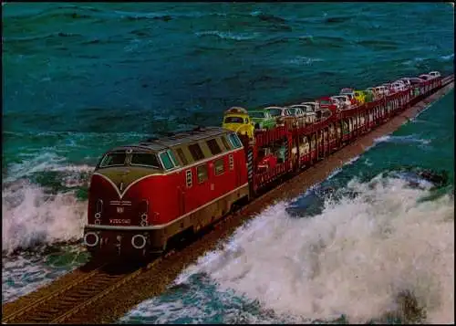 Ansichtskarte Westerland-Sylt Autozug VW Käfer auf dem Hindenburgdamm 1989