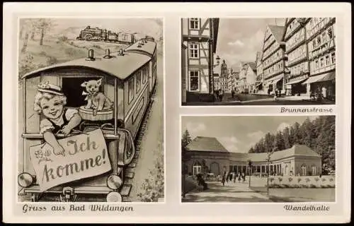 Ansichtskarte Bad Wildungen Brunnenstrasse u. Wandelhalle 1955