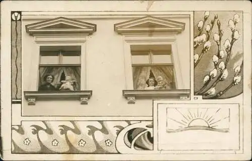 Ansichtskarte  Fotokunst Frauen mit Kindern schauen aus Fenster 1912