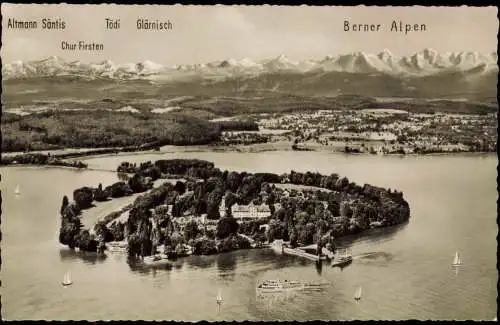 Ansichtskarte Konstanz Luftbild Insel Mainau mit Berner Alpen 1956