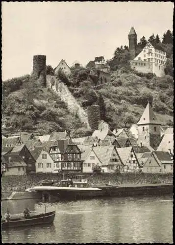 Ansichtskarte Hirschhorn (Neckar) Ortsansicht, Frachtschiff Neckar 1960
