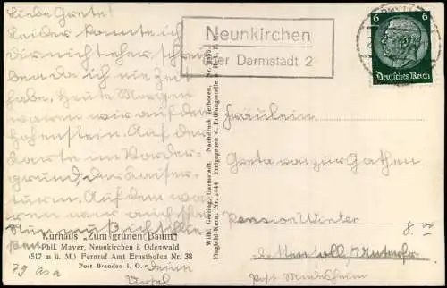 Ansichtskarte Neunkirchen i. Odenwald-Modautal Luftbild 1937  Landpoststempel