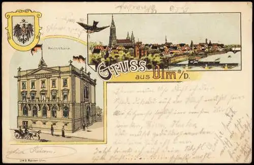 Ansichtskarte Litho AK Ulm a. d. Donau 2 Bild Reichsbank, Totale 1905