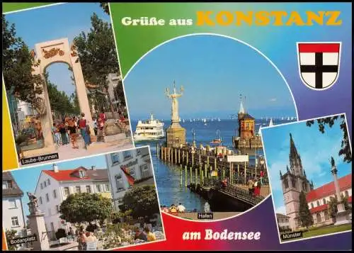 Konstanz Mehrbild-AK mit Laube-Brunnen, Bodanplatz, Münster, Hafen 1999
