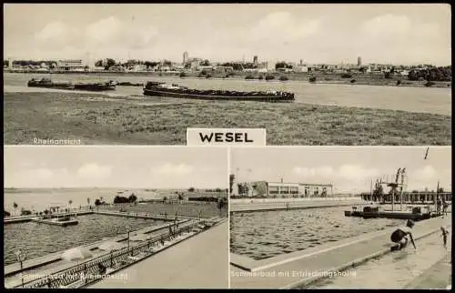 Ansichtskarte Wesel 3 Bild Sommerbad, Rhein und Schlepper 1964
