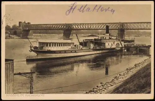 Ansichtskarte Mannheim Schiff Schaufelraddampfer Steamer Rheinbrücke 1924
