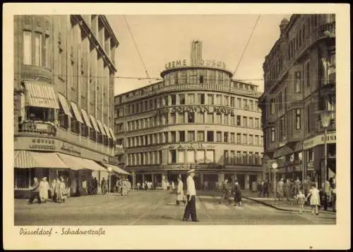 Ansichtskarte Düsseldorf Schadowstraße, Geschäfte Verkehrspolizist 1954