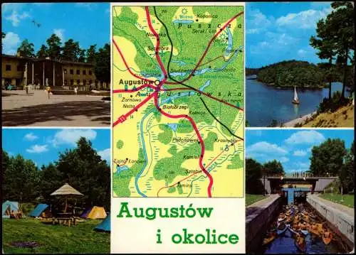 Postcard Polen Polska AUGUSTÓW hotel PTTK, Camping, Jezioro Necko 1988