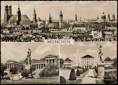 München Mehrbildkarte mit Stadt-Panorama und Bavaria, Schloss 1964