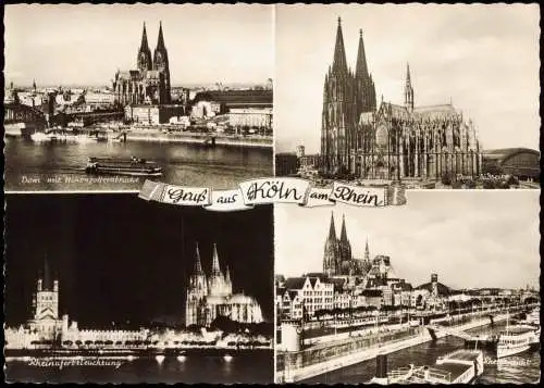 Köln Rheinuferbeleuchtung Stadtansichten Dom (Mehrbildkarte) 1960