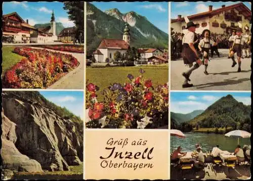 Inzell / Obb. Mehrbild-AK  Dorfplatz Ansicht mit Rauschberg, Schuhplattler 1968