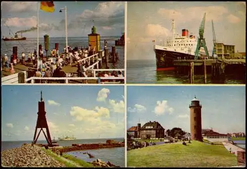 Ansichtskarte Cuxhaven 4 Bild Bake, Leuchtturm, Schiff 1959