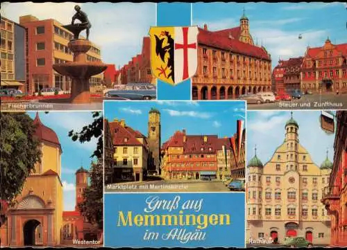Ansichtskarte Memmingen Fischerbrunnen Westentor Steuer und Zunfthaus 1968