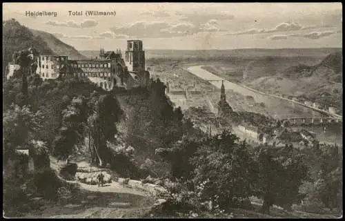 Ansichtskarte Heidelberg Panorama-Ansicht Künstlerkarte Total (Willmann) 1910