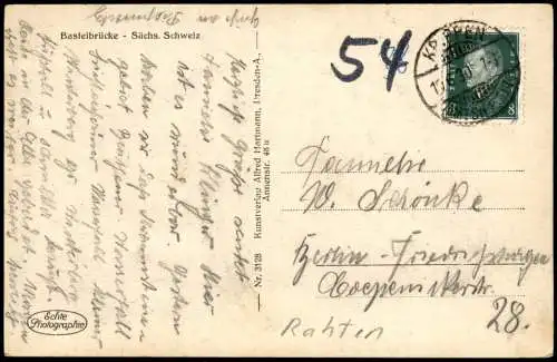 Ansichtskarte Rathen Basteibrücke Sächsische Schweiz 1930  Stempel KRIPPEN