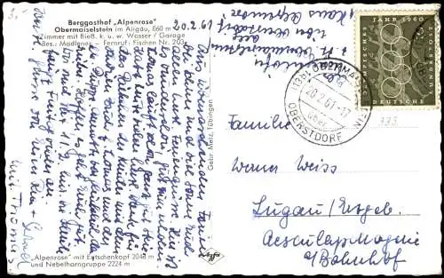 Obermaiselstein Oberallgäu Berggasthof Alpenrose im Winter 1961 Landpoststempel