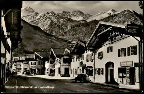 Ansichtskarte Mittenwald Obermarkt, Reisebüro u. VW Käfer 1954