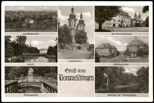 Donaueschingen Mehrbild AK: Rathausplatz Donauquelle Schloß 1962